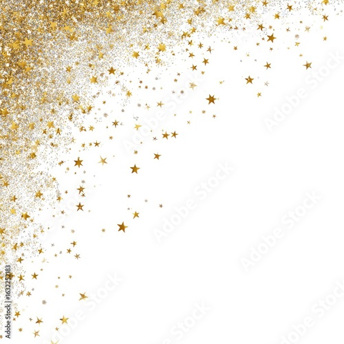 Gold glitter and stars cascading from corner