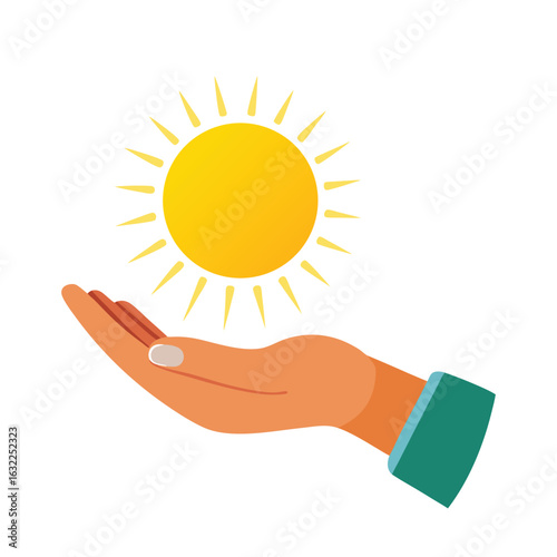 Hand holding a glowing sun on a clean white background