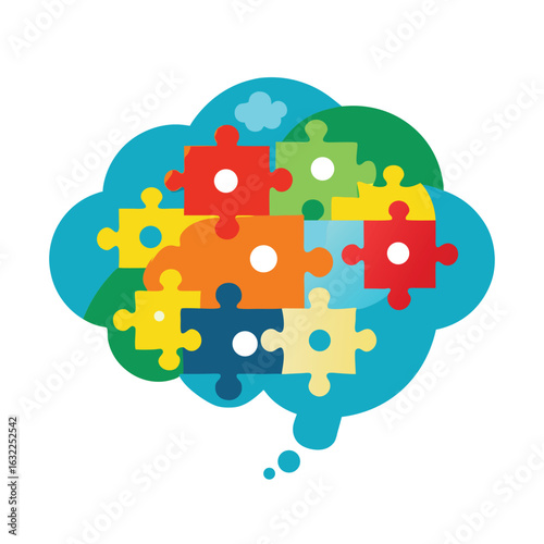 Thought bubble with colorful puzzle pieces representing ideas and solutions