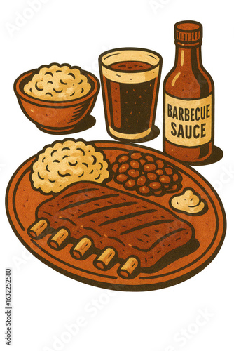 Retro barbecue ribs meal illustration with mashed potatoes, baked beans, cola and BBQ sauce in vintage cartoon style without background
