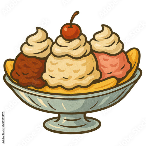 Retro banana split ice cream sundae illustration with whipped cream and cherry in vintage cartoon style without background
