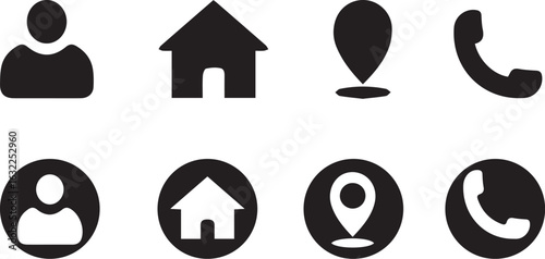  contact information icons containing name, location, phone, email and web address symbol. transparent png and vector illustration