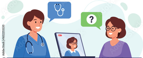 A female doctor provides an online consultation to a patient via a laptop video call, illustrating modern telemedicine.