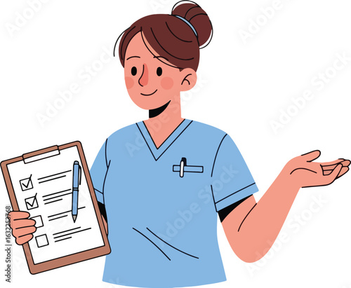 A friendly female nurse in blue scrubs holds a clipboard with a completed checklist.