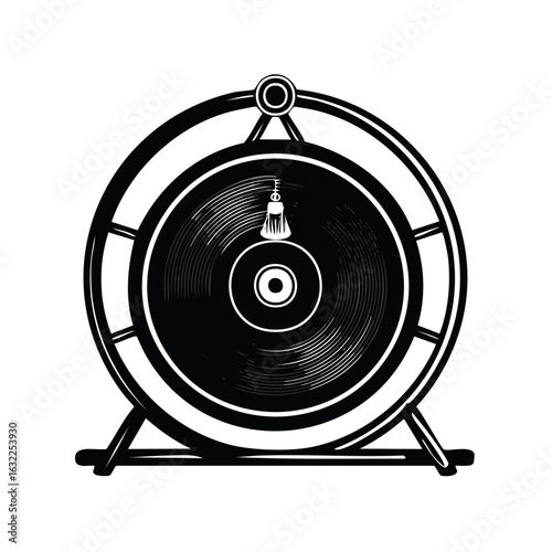 Traditional Asian gong with a mallet on a stand, black and white vector graphic