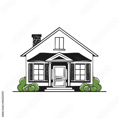 Illustration of traditional single family house with chimney and green bushes at the base, cartoon style