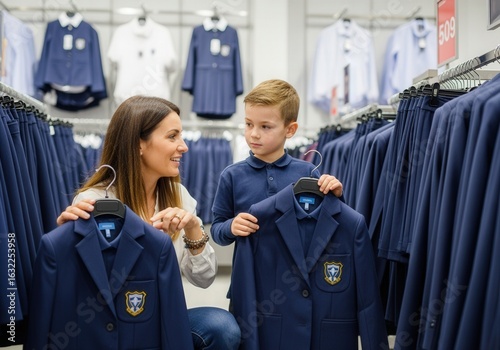 Mother and son selecting school uniform in store for September 1st preparation