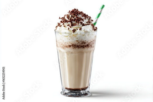 Delicious cold coffee drink with whipped cream and chocolate sprinkles served in a tall glass with a straw isolated on white background