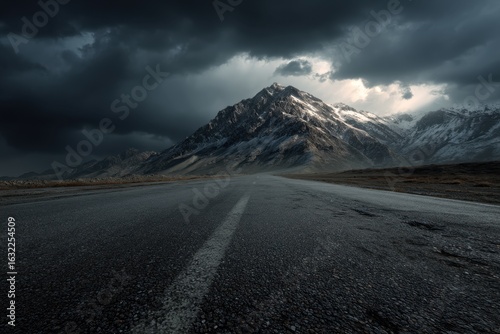 Mountain road beneath ominous storm clouds, showcasing nature's power and the allure of exploration.