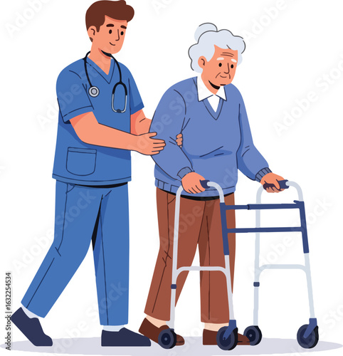 A compassionate male nurse in blue scrubs assists an elderly woman as she walks using a walker.