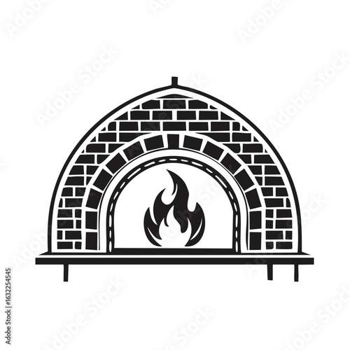 Rustic brick pizza oven with hot fire flames inside black and white icon illustration