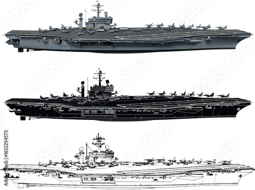 USS Nimitz Aircraft Carrier | 3 Styles: Color Realism, Silhouette & Blueprint Line Art | Top-Down Navy Ship Vector Illustration
