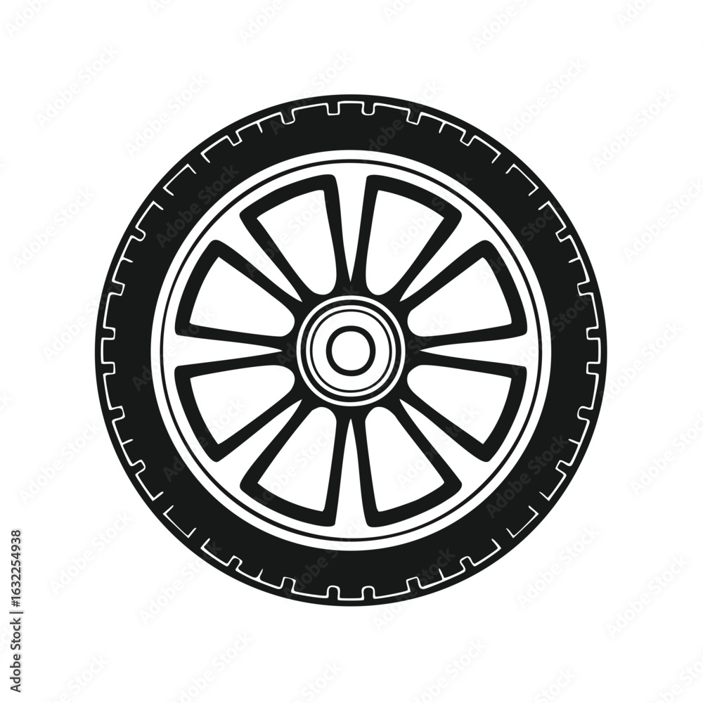 Fototapeta premium Black and white illustration of a car wheel with multiple spokes and a tire tread