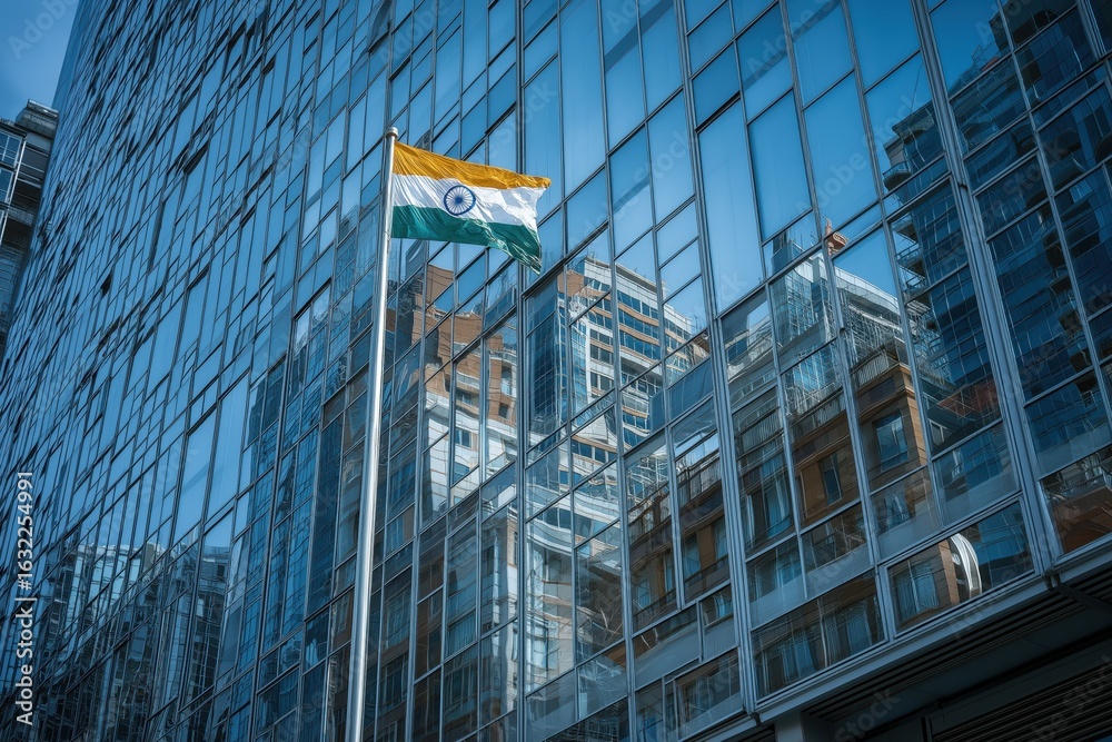 Fototapeta premium Indian flag reflected on sleek glass building surface, modern patriotic urban composition