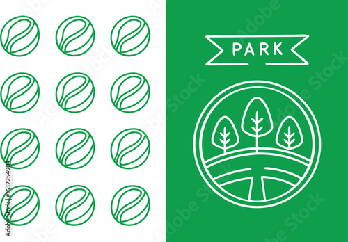 Green Line Art Icons of Coffee Beans and Park Landscape vector illustration