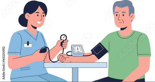 A female nurse measures an elderly man's blood pressure with a sphygmomanometer at a table.