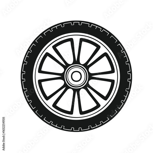 Black and white illustration of a car wheel with multiple spokes and a tire tread