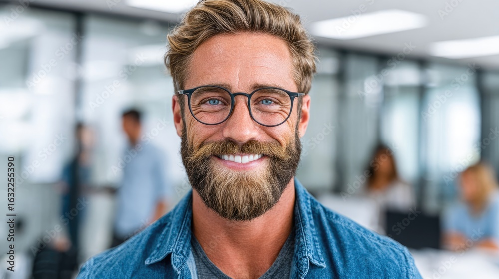 Naklejka premium Smiling Bearded Man Wearing Glasses in Office