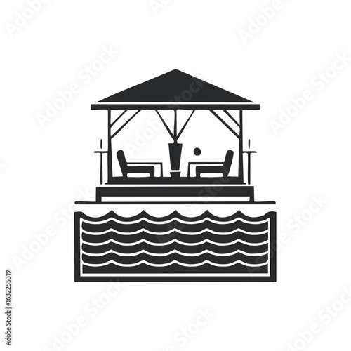 Simple open air pavilion with seating by water waves icon