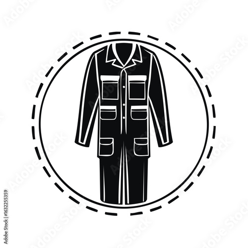 Uniform vector art with circle, work wear icon, black and white safety coverall, working clothing drawing