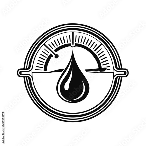 Industrial gauge meter with a central oil drop symbol, a black and white vector logo illustration