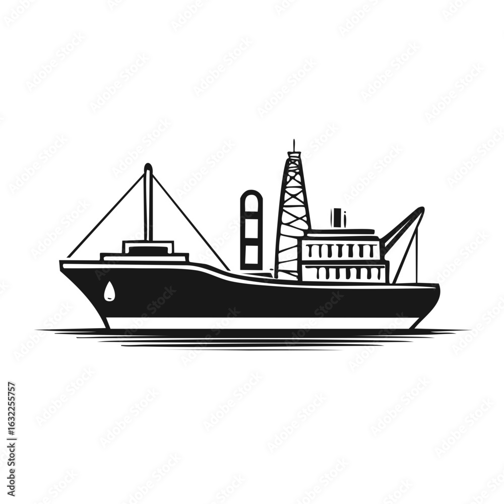 Obraz premium Stylized illustration of a modern offshore drilling rig vessel with a derrick and cranes
