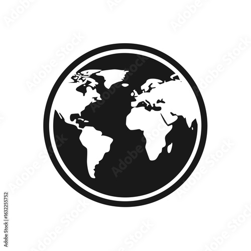 Black and white stylized world globe map icon with continents representing global connection
