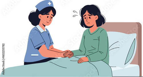 A kind nurse comforts a worried female patient in a hospital bed, holding her hand.