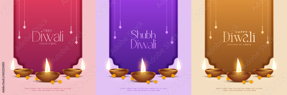 Naklejka premium Happy Diwali - festival of lights colorful poster template design with decorative diya lamp. vector illustration. Indian festival of lights Happy Diwali, holiday Background, Diwali celebration.