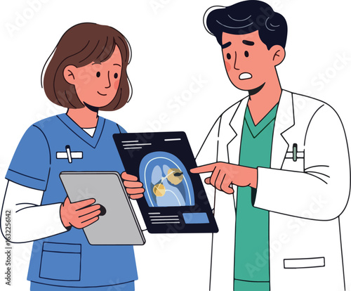 A doctor and nurse review a patient's lung scan, with the doctor pointing to a concerning area on the X-ray.