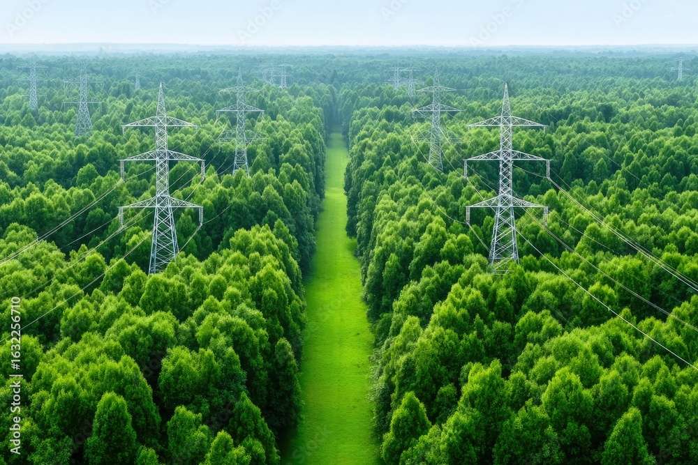 Obraz premium Power lines running through dense green forest