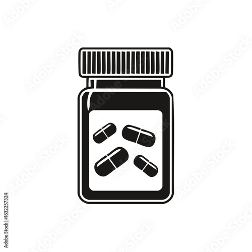 Black and white vector icon of a medicine bottle with capsules for pharmacy and healthcare concepts.