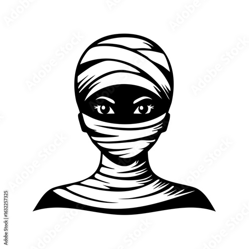 Mummy Portrait with Bandages and Eyelashes Illustration in Black and White