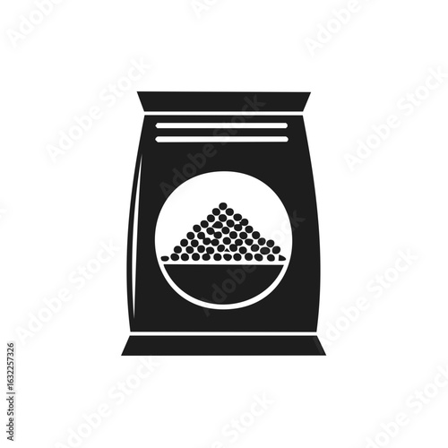 Black vector icon of a bag filled with seeds grain or feed pellets perfect for agriculture garden supplies or pet food packaging