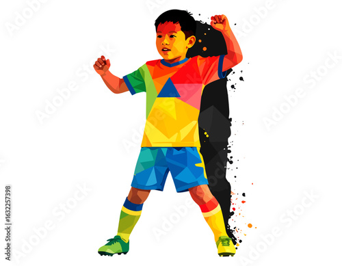 Young triumphant soccer player celebrating a victory. Colorful low poly vector illustration of a boy in a sports uniform cheering.