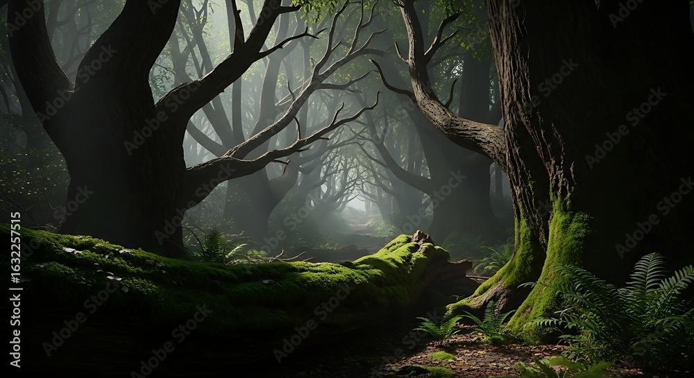 Fototapeta premium Enchanted Forest Path with Mossy Trees and Fog