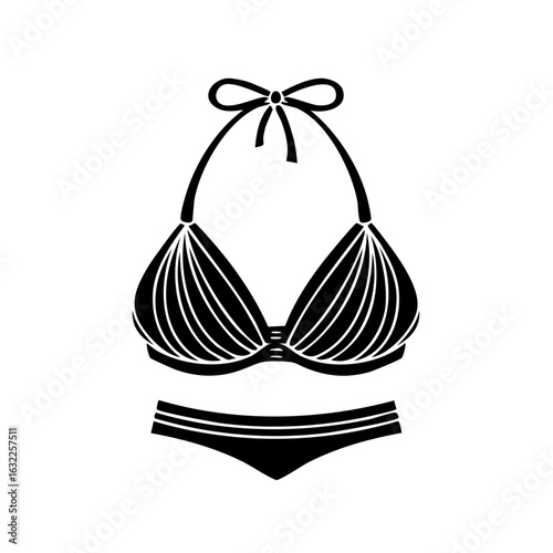 Black bikini set with halter neck and simple brief, isolated vector graphic