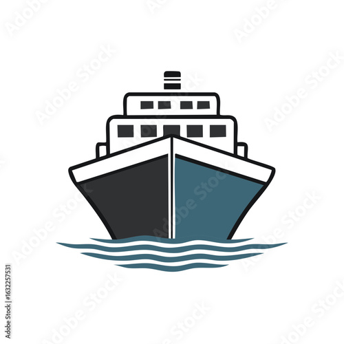 Modern Passenger Ship Sailing on Calm Waters with Stylized Waves