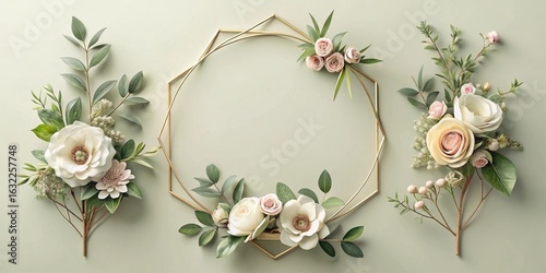 Elegant floral arrangement with a geometric gold frame, perfect for wedding invitations or romantic announcements