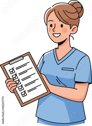 A smiling female nurse in blue scrubs holds a clipboard with a completed checklist.