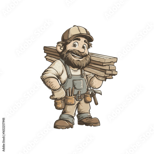 Man carries wooden planks. He wears gloves and a cap.