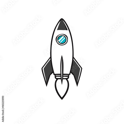 Cartoon rocket launch illustration with simple line art, showing ignition and thrust for kids or product design.