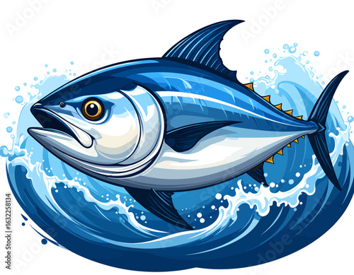 A dynamic illustration of a powerful bluefin tuna leaping from the ocean waves, a concept of marine wildlife showcasing speed and energy.