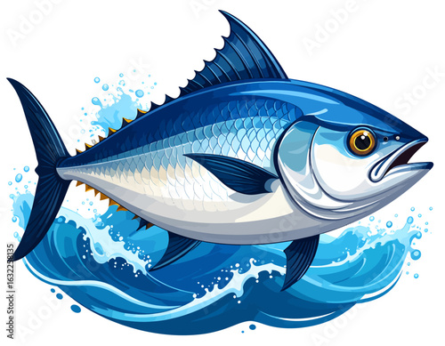 A dynamic illustration of a powerful bluefin tuna jumping from the ocean waves. Stylized vector art for seafood and fishing themes.