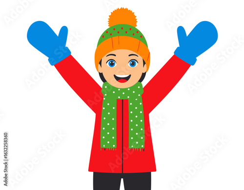 A joyful cartoon boy wearing a cozy winter outfit with a hat, scarf, and mittens, raising his arms in celebration. Happy child character.