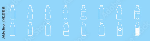 Water bottle vector icon set, plastic drink container illustration, beverage design, liquid graphic element, health and eco concept, fresh mineral water, isolated flat style on blue background.