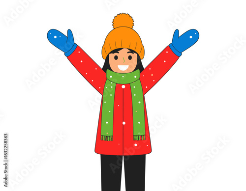 A cheerful girl in warm winter clothes joyfully raises her arms. An isolated illustration of a happy character in a red coat and hat.