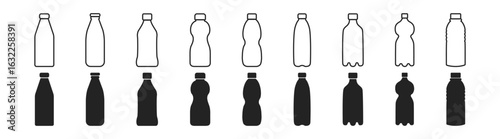 Bottle water vector icon, plastic drink container, isolated beverage illustration, juice, liquid, soda, fresh cold refreshment, healthy symbol silhouette, flat pictogram.