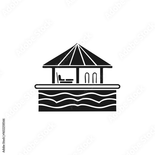 Simple black icon of a resort swim up pool bar with hut and chairs