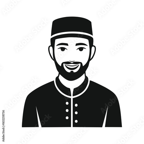 Man with beard and traditional cap smiling in formal attire